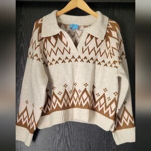 CeCe V-Neck Sweater - Cream and Brown